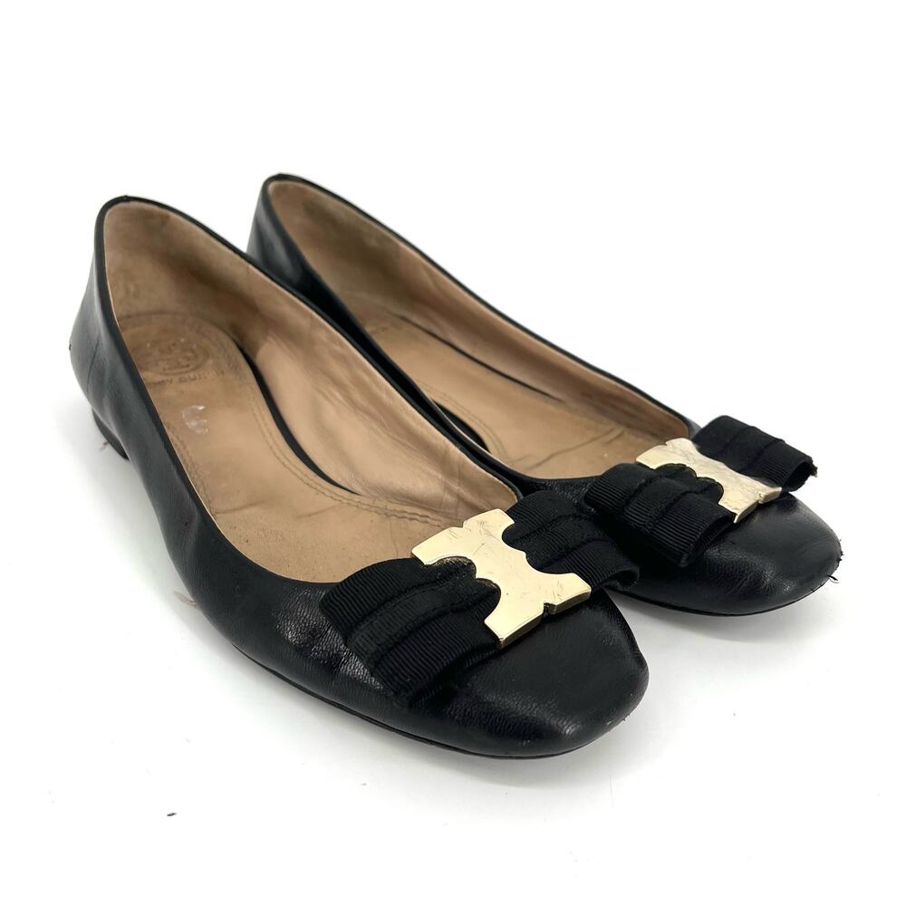 Tory Burch Black Leather‎ Gemini Logo Flat Ballet Pumps Ribbon Bow (5.5)